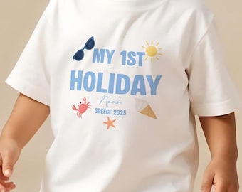 Personalised First Holiday Tshirt, Custom First Holiday Babygrow, First Time Flyer Outfit, Travelling Clothing, Holiday Tee, Boys Tee