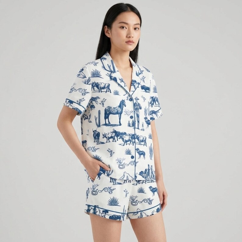 Puede incluir: Conjunto de pijama blanco con estampado azul de tem&aacute;tica occidental. La parte superior de manga corta y los pantalones cortos presentan ilustraciones de caballos, cactus, vaqueros y otros elementos del desierto. El conjunto tiene ribetes y botones azules.