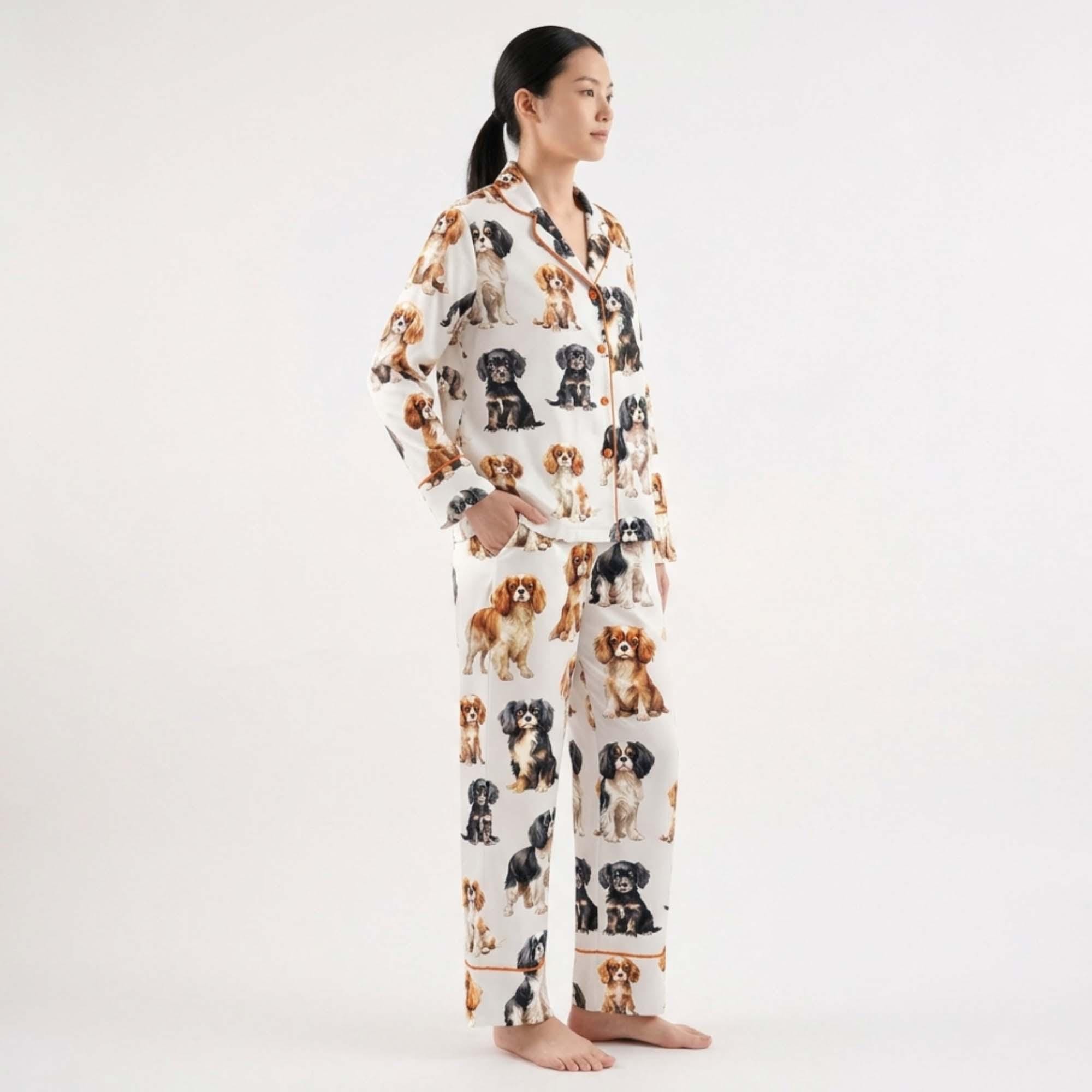 Cute Dog Breed Print Pajamas, Cavalier Puppy Women's Sleep Set, Animal ...
