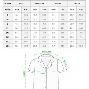 May include: A chart detailing measurements for an all-over print satin short-sleeve pajamas set. The chart includes US sizes S to 5XL, with bust, shoulder, sleeve, and length measurements in inches and centimeters. A diagram illustrates the measurement points.