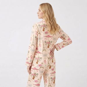 Paris Theme Pink Women's Long Sleeves Pajama Set, Eiffel Tower Long Sleeve Sleepwear, French Travel Loungewear image 3