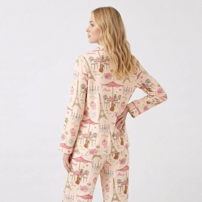 Paris Theme Pink Women's Long Sleeves Pajama Set, Eiffel Tower Long Sleeve Sleepwear, French Travel Loungewear image 3