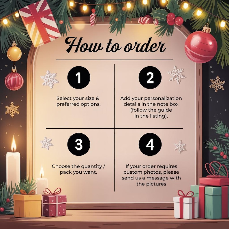 May include: A festive graphic with the text "How to order" and numbered steps. The steps include selecting size, adding personalization details, choosing quantity, and sending photos. Christmas decorations and gifts surround the text.