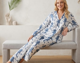 Women’s Coastal Whale Shark Pajama Set, Ocean Nautical Beach Vacation Long Sleeve Satin PJs Set, Gift for Her