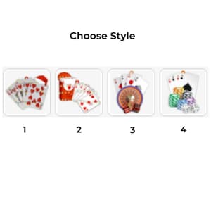 May include: The image displays four different styles of casino-themed ornaments. Each ornament features playing cards, dice, and poker chips. The first ornament has a Santa hat on the cards. The second has a card holder. The third has a roulette wheel. The fourth has poker chips.