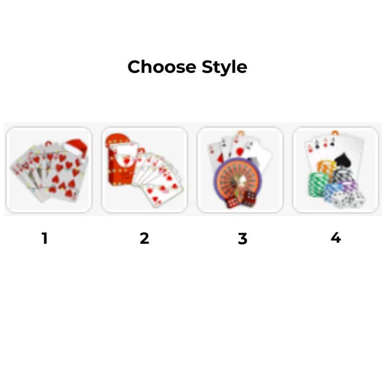 May include: The image displays four different styles of casino-themed ornaments. Each ornament features playing cards, dice, and poker chips. The first ornament has a Santa hat on the cards. The second has a card holder. The third has a roulette wheel. The fourth has poker chips.