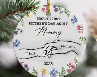 Personalized Mom Christmas Ornament, Hand Holding Design, Custom Kids Names