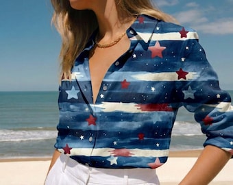 Blusa/Camisa azul con estrellas y rayas, prenda conmemorativa del 250 aniversario de EE. UU., corte impecable, estilo veraniego.