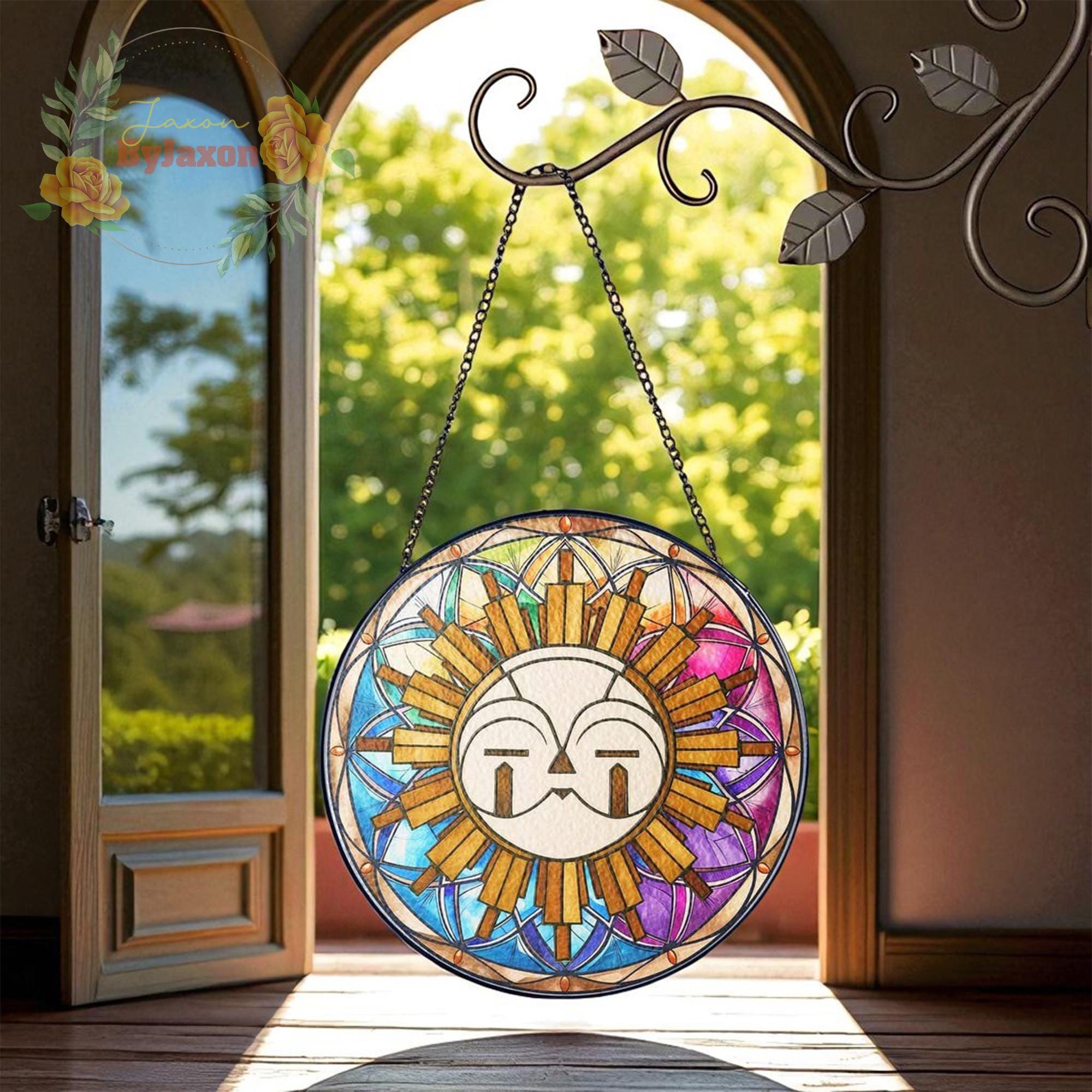 Abstract Sun Face Stained Glass Suncatcher, Geometric Rainbow Sun Hanging Decor, Boho Window Panel Ornament, Spiritual Light Catcher Gift