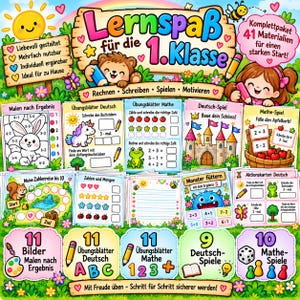 Könnte beinhalten: Ein buntes Lernset mit dem Titel Lernspaß für die 1. Klasse mit einem Bären und einem Mädchen, bestehend aus 11 Malvorlagen, 11 Deutsch-Arbeitsblättern, 11 Mathe-Arbeitsblättern, 9 Deutsch-Spielen und 10 Mathe-Spielen mit vielen Illustrationen.