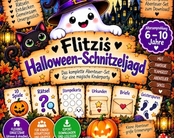 Halloween Schnitzeljagd Kinder 6–10 Jahre | 10 Spiele & Aufgaben | Schatzsuche mit Flitzi | Kindergeburtstag Halloween | PDF Download