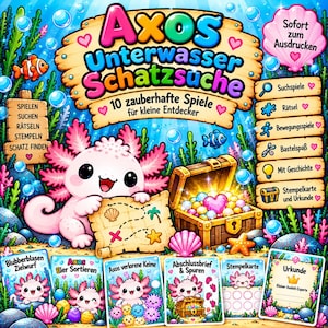 Könnte beinhalten: Ein farbenfrohes digitales Spieleset mit dem Titel Axos Unterwasser Schatzsuche, das einen rosa Axolotl mit einer Schatzkarte, eine Holztruhe voller leuchtender Edelsteine sowie Spielkarten wie Blubberblasen Zielwurf und Urkunde zeigt.