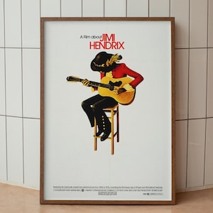 May include: A film poster with a white background featuring a man in a red shirt and black trousers playing a guitar. The poster has the text "A film about JIMI HENDRIX" at the top.