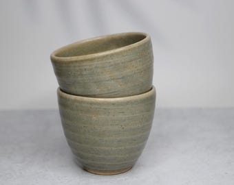Japanese Shigaraki Ware Olive Ceramic Teacup: Rustic Handmade Pottery