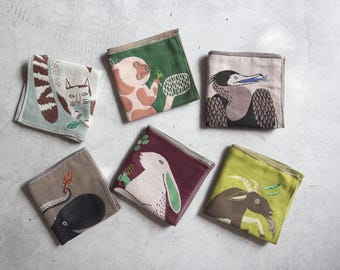 Embroidered Animal Gauze Handkerchief: Japanese Cotton Hanky (25x25cm)
