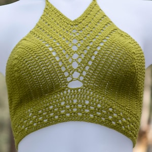 Green Crochet top Granny Square Bralette, Handmade Boho Halter Top, Festival Knit Crop Top, Retro Hippie Summer Clothing Vintage Crochet