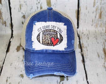 Football Game Day Y'all Patch Hat, Distressed Blue Trucker Hat