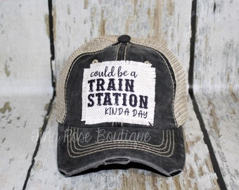 Could Be a Train Station Kind of Day Patch Hat, Distressed Black Trucker Hat