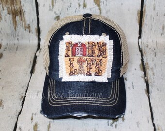 Farm Life Patch Hat, Distressed Denim Trucker Hat