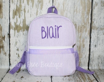 Toddler Girl Purple Seersucker Backpack with the name Blair - Ready to Ship