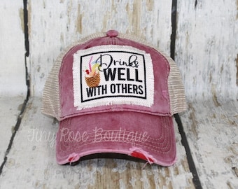 Drinks Well With Others Patch Hat, Distressed Maroon Trucker Hat