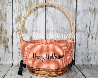 Halloween Basket Liner- Orange Gingham - Embroidered Trick or Treat Basket Liner