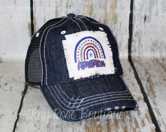 America Patch Hat, Distressed Denim Trucker Hat