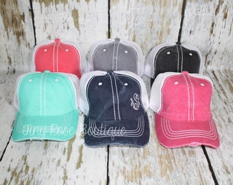 Side Monogrammed Trucker Hat - Personalized Vintage Baseball Hat - 4 Colors