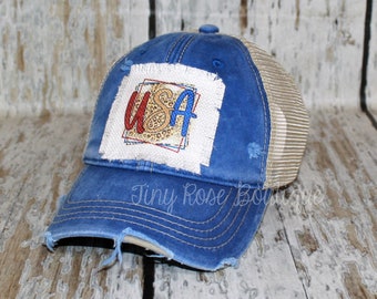 USA Patch Hat, Distressed Blue Trucker Hat