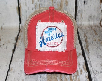 USA Patch Hat, Distressed Red Trucker Hat