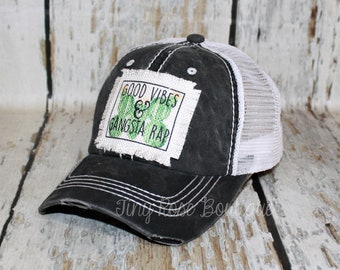Good Vibes Patch Hat, Distressed Black Trucker Hat