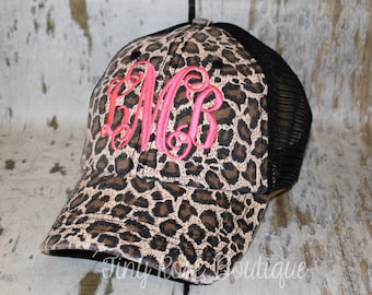 Leopard Trucker Hat, Distressed Black Mesh Hat - Monogrammed Ball Cap, Personalized Trucker Hat