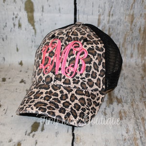 Leopard Trucker Hat, Distressed Black Mesh Hat - Monogrammed Ball Cap, Personalized Trucker Hat