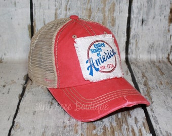 USA Patch Hat, Distressed Red Trucker Hat