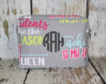 Monogrammed Teacher Cosmetic Bag, Personalized Makeup Case