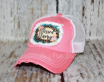 Blessed Mama Patch Hat, Distressed Coral Trucker Hat