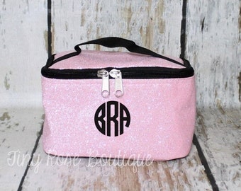 Monogrammed Glitter Cosmetic Case, Toiletry Bag, Makeup Bag - Sparkly Pink