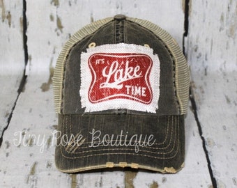 Lake Time Patch Hat, Distressed Dirty Wash Trucker Hat