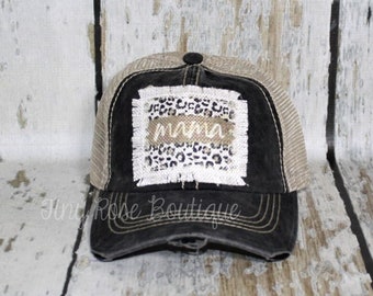 Leopard Mama Patch Hat, Distressed Black Trucker Hat