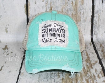 Boat Waves, Sunrays, Nothing Like Lake Days Patch Hat, Distressed Mint Trucker Hat