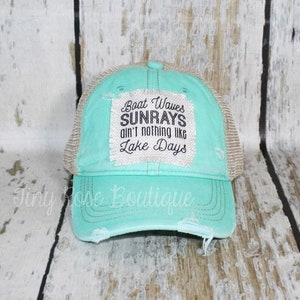Boat Waves, Sunrays, Nothing Like Lake Days Patch Hat, Distressed Mint Trucker Hat
