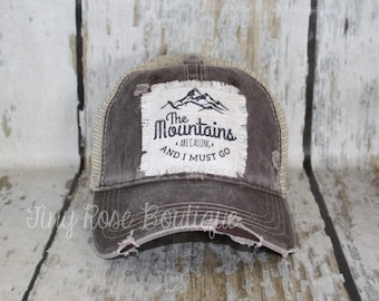 The Mountains are Calling and I Must Go Patch Hat, Distressed Brown Trucker Hat