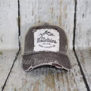 The Mountains are Calling and I Must Go Patch Hat, Distressed Brown Trucker Hat image 1