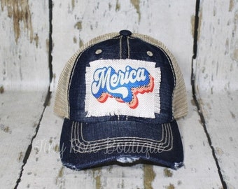 Merica Patch Hat, Distressed Denim Trucker Hat