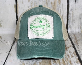 Leprechaun Brewing Co Patch Hat, Distressed Green Trucker Hat - St Patrick's Day Hat