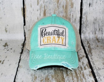 Beautiful Crazy Patch Hat, Distressed Mint or Black Trucker Hat