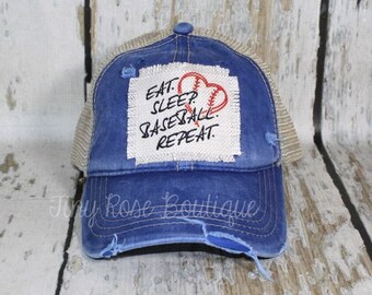 Eat, Sleep, Baseball Repeat Patch Hat, Distressed Blue Trucker Hat