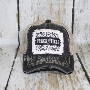 Track and Field Patch Hat, Distressed Black Trucker Hat