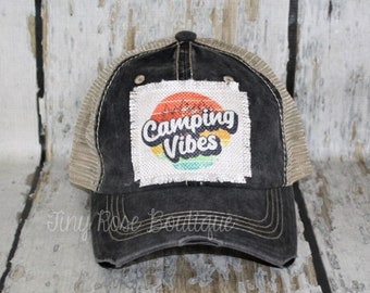 Camping Vibes Patch Hat, Distressed Black Trucker Hat