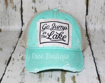 Go Jump in the Lake Patch Hat, Distressed Mint Trucker Hat